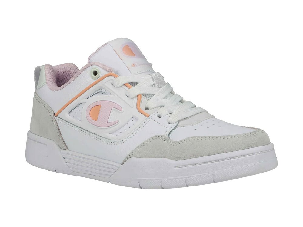 Tenis Champion blancos con detalles en gris y tonos pastel, diseño de corte bajo.