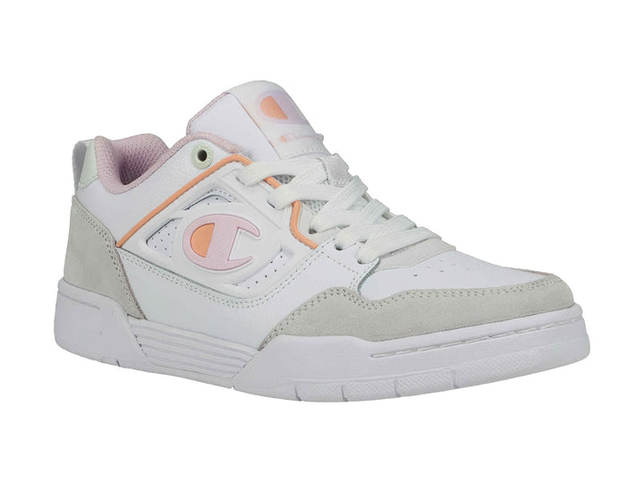 Tenis Champion blancos con detalles en gris y tonos pastel, diseño de corte bajo.
