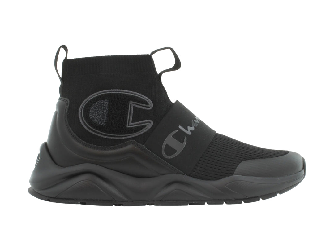 Tenis deportivos Champion color negro, estilo slip-on con suela gruesa y tejido de malla.