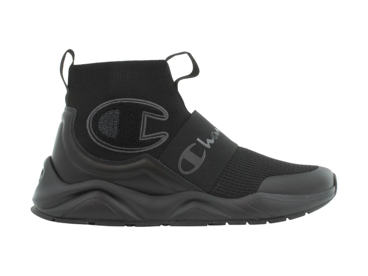Tenis deportivos Champion color negro, estilo slip-on con suela gruesa y tejido de malla.