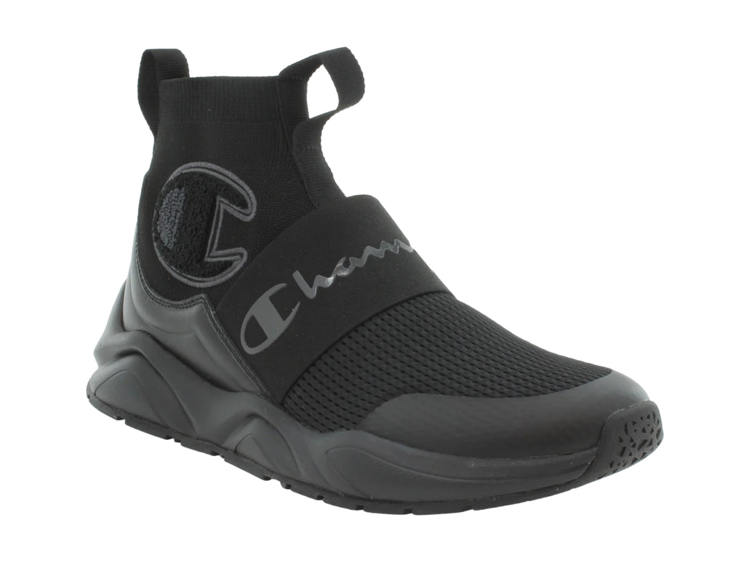 Tenis deportivos Champion color negro, estilo slip-on con suela gruesa y tejido de malla.