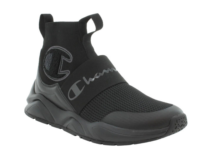 Tenis deportivos Champion color negro, estilo slip-on con suela gruesa y tejido de malla.