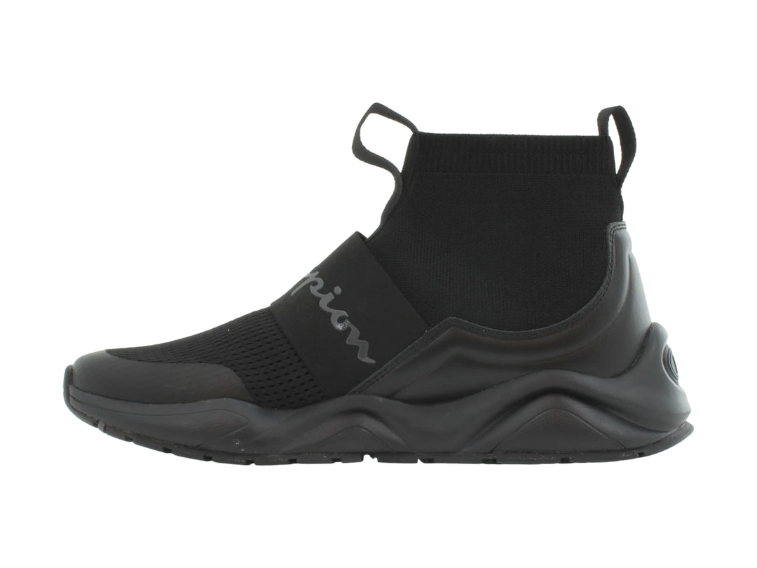 Tenis deportivos Champion color negro, estilo slip-on con suela gruesa y tejido de malla.