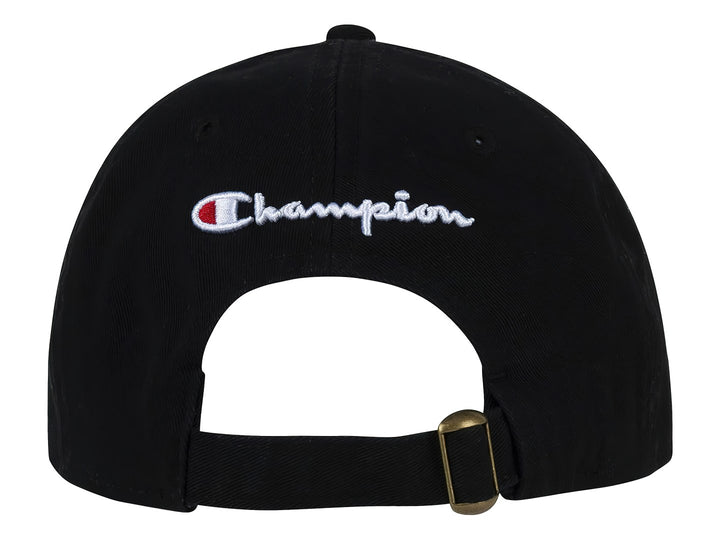 Gorra negra de la marca Champion con logotipo bordado en el centro y visera curva.