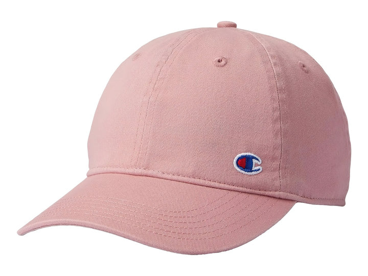 Gorra Champion de color rosa con visera curva y logotipo bordado en el frente.