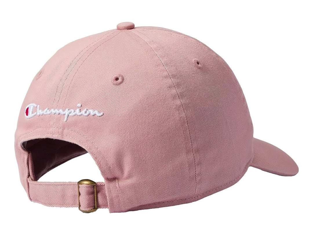 Gorra Champion de color rosa con visera curva y logotipo bordado en el frente.