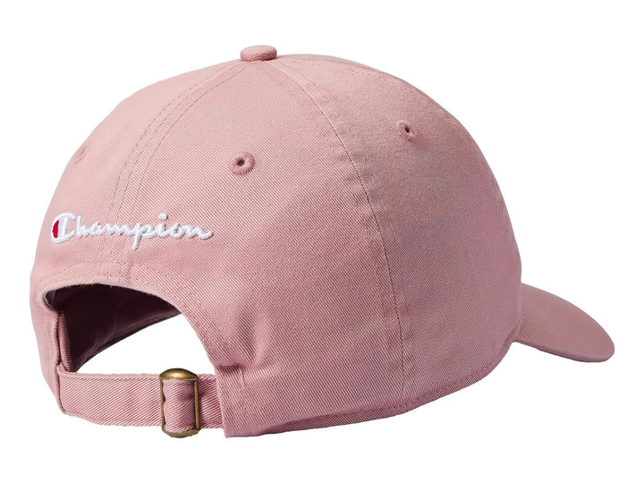 Gorra Champion de color rosa con visera curva y logotipo bordado en el frente.