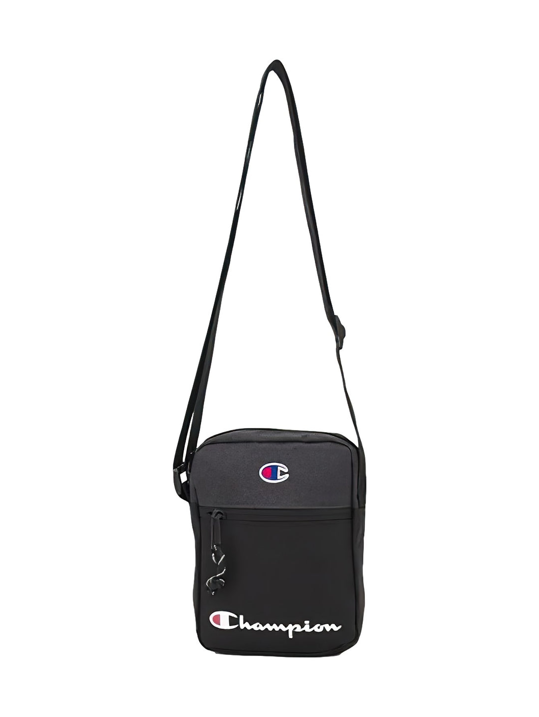 Bolso crossbody Champion de color negro con logotipo frontal y correa ajustable.