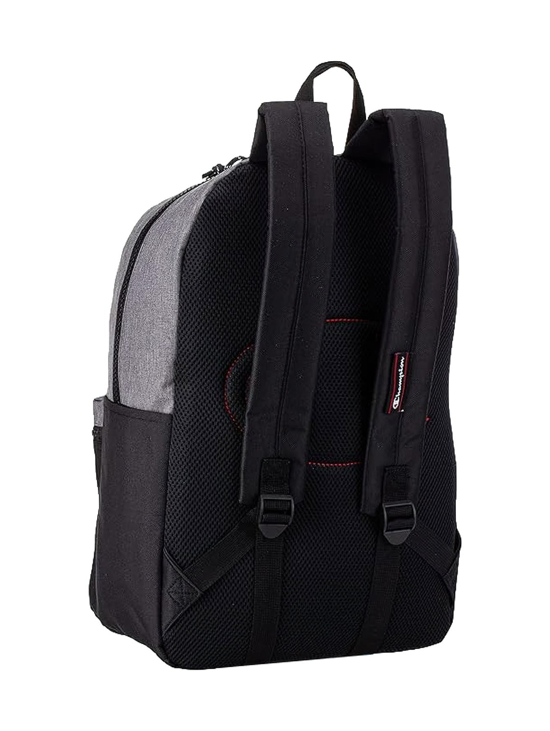 Mochila Champion en color gris jaspeado con base y bolsillo frontal negro con logotipo blanco.