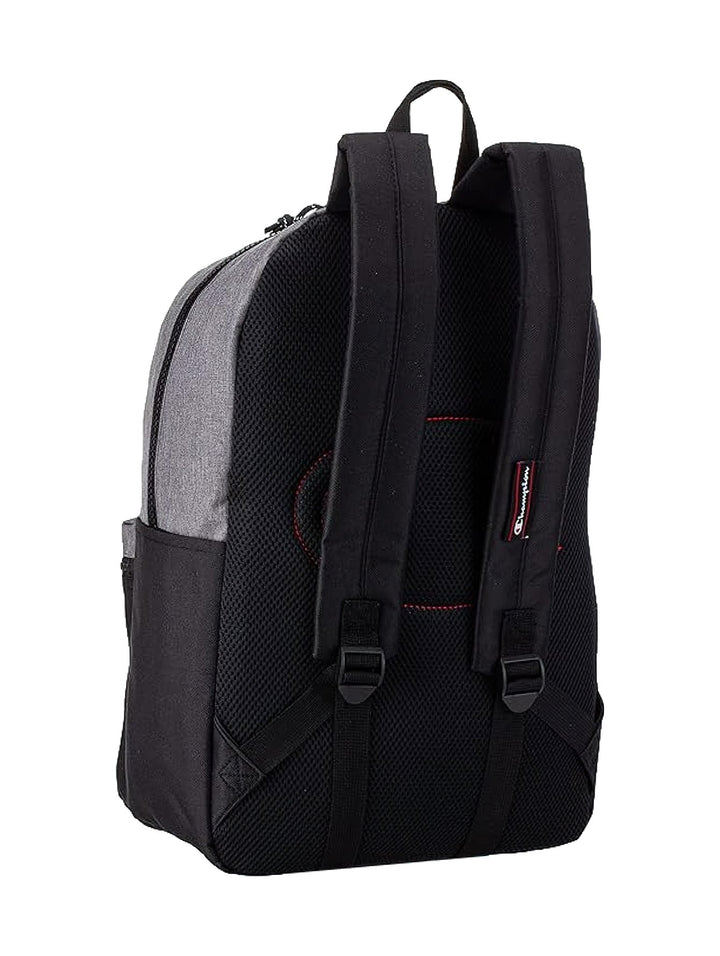 Mochila Champion en color gris jaspeado con base y bolsillo frontal negro con logotipo blanco.