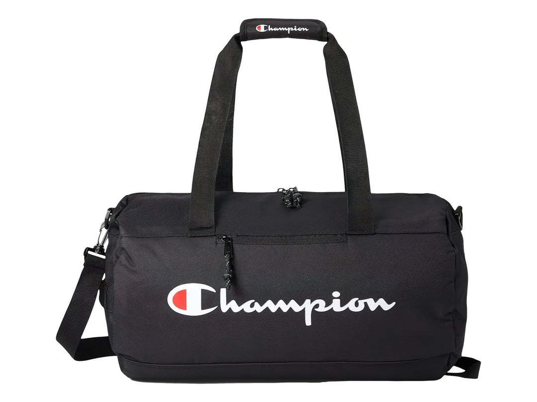 Bolsa de deporte Champion Velocity color negro con logotipo blanco y rojo en el frente.