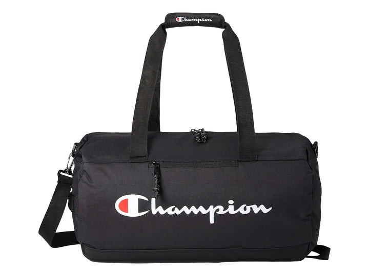 Bolsa de deporte Champion Velocity color negro con logotipo blanco y rojo en el frente.