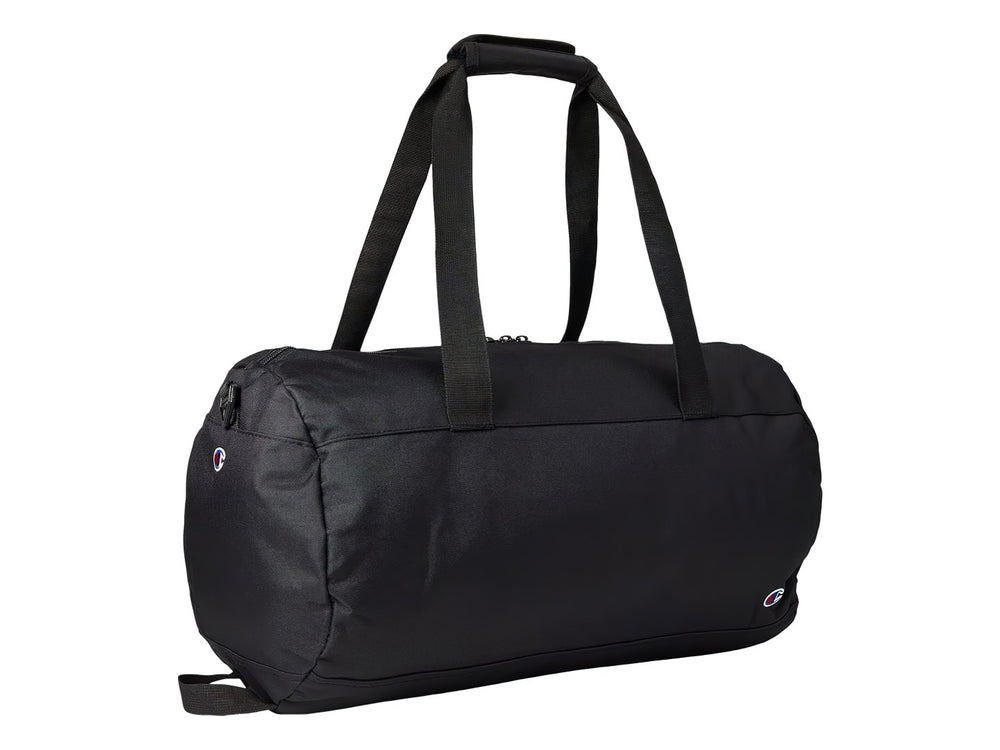 Bolsa de deporte Champion Velocity color negro con logotipo blanco y rojo en el frente.