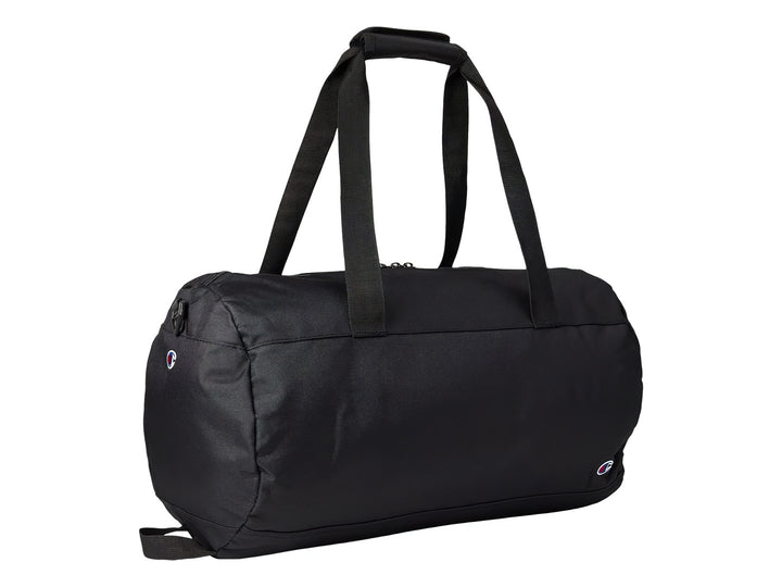 Bolsa de deporte Champion Velocity color negro con logotipo blanco y rojo en el frente.