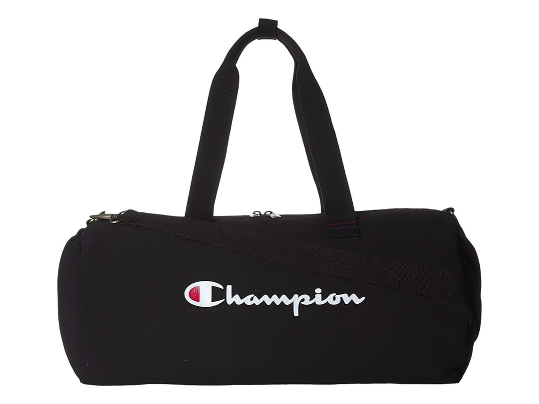 Bolsa de deporte Champion modelo Billie en color negro con logotipo blanco frontal y asas largas.