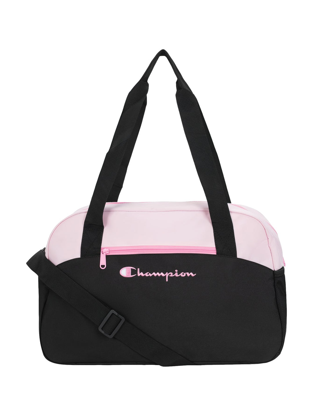 Maleta deportiva Champion de color rosa pastel y negro con asas y correa ajustable.