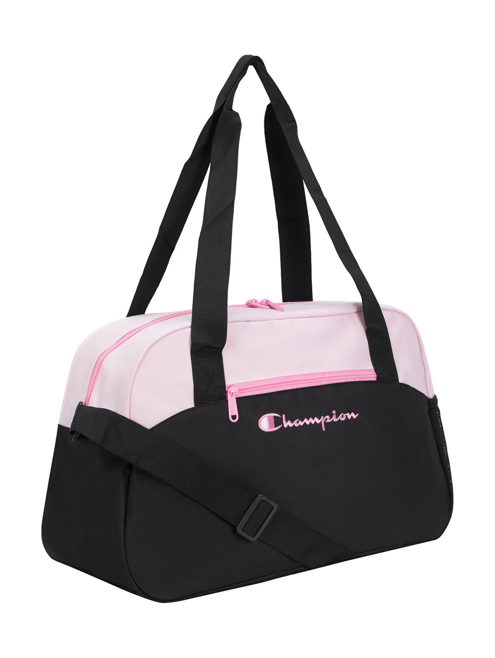 Maleta deportiva Champion de color rosa pastel y negro con asas y correa ajustable.