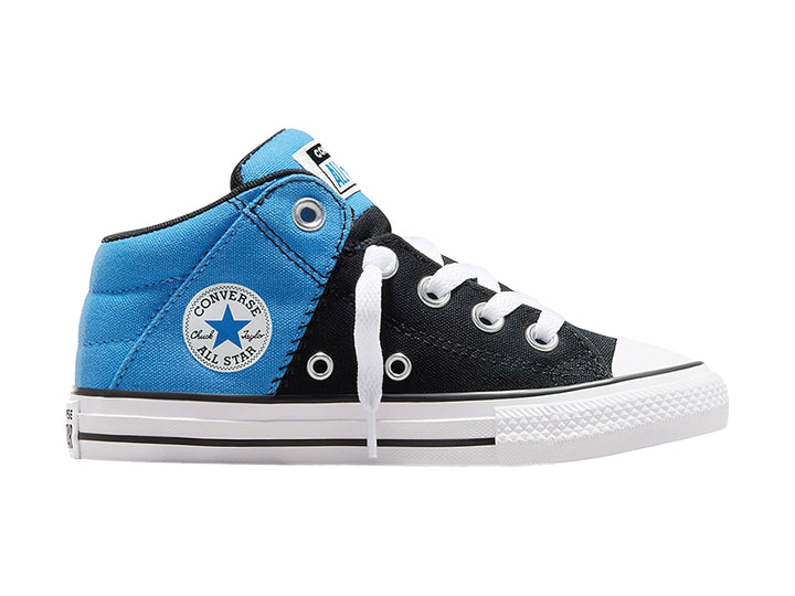 Tenis Converse Axel Mid bicolores en azul y negro con suela y cordones blancos.