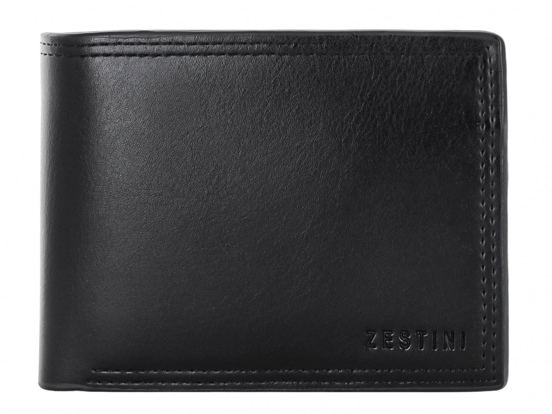 Cartera de cuero color negro con diseño clásico y logo Zestini grabado en la parte inferior.