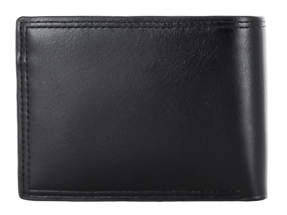 Cartera de cuero color negro con diseño clásico y logo Zestini grabado en la parte inferior.