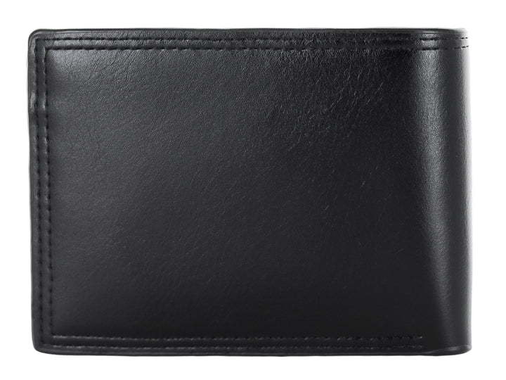 Cartera de cuero color negro con diseño clásico y logo Zestini grabado en la parte inferior.