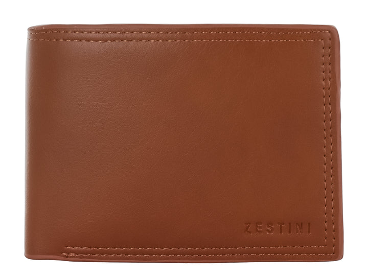 Cartera de cuero color marrón con diseño clásico y logo Zestini grabado en la parte inferior.