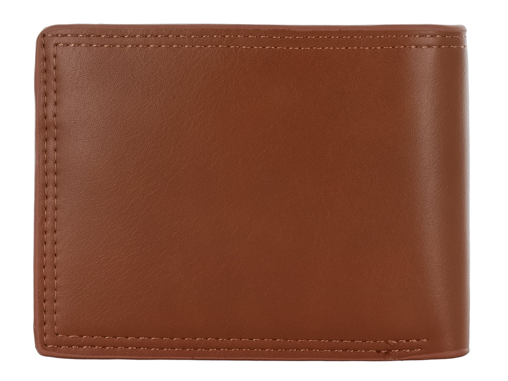 Cartera de cuero color marrón con diseño clásico y logo Zestini grabado en la parte inferior.