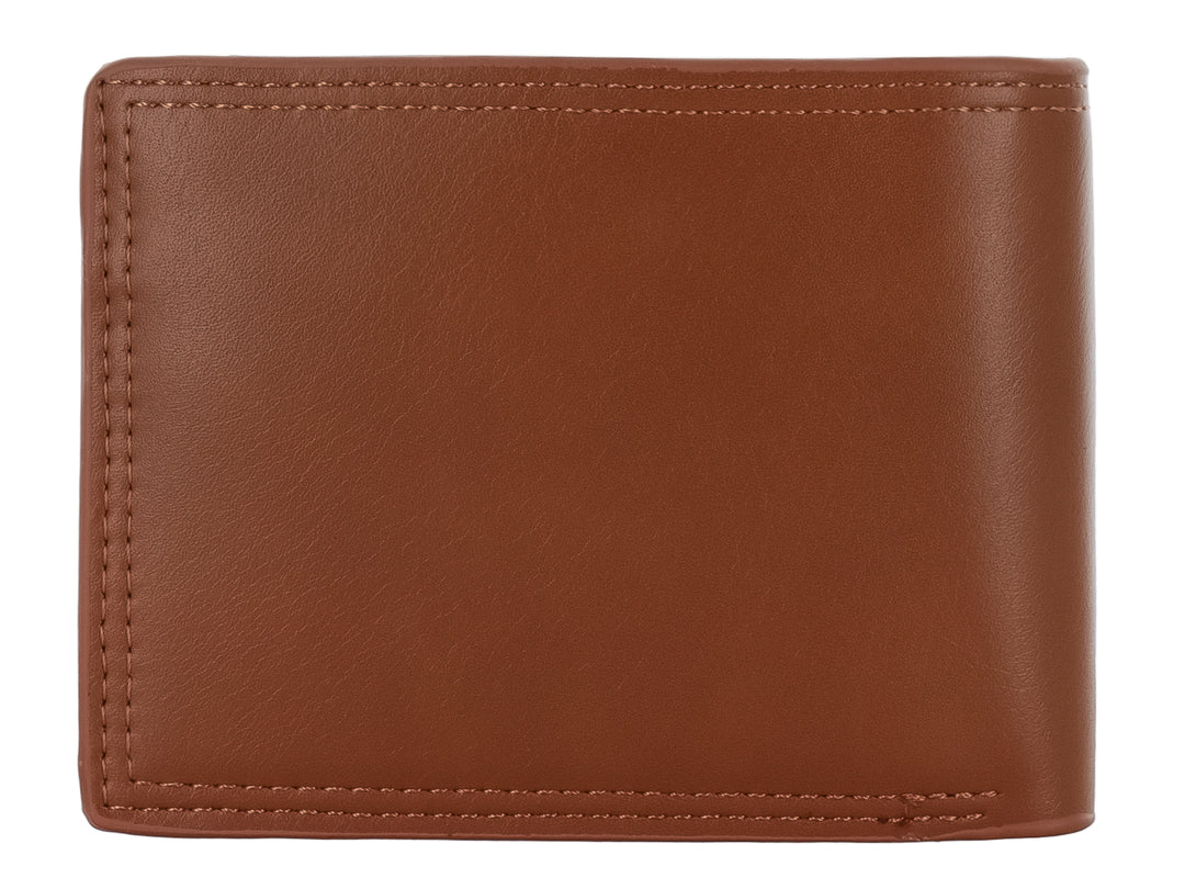 Cartera de cuero color marrón con diseño clásico y logo Zestini grabado en la parte inferior.