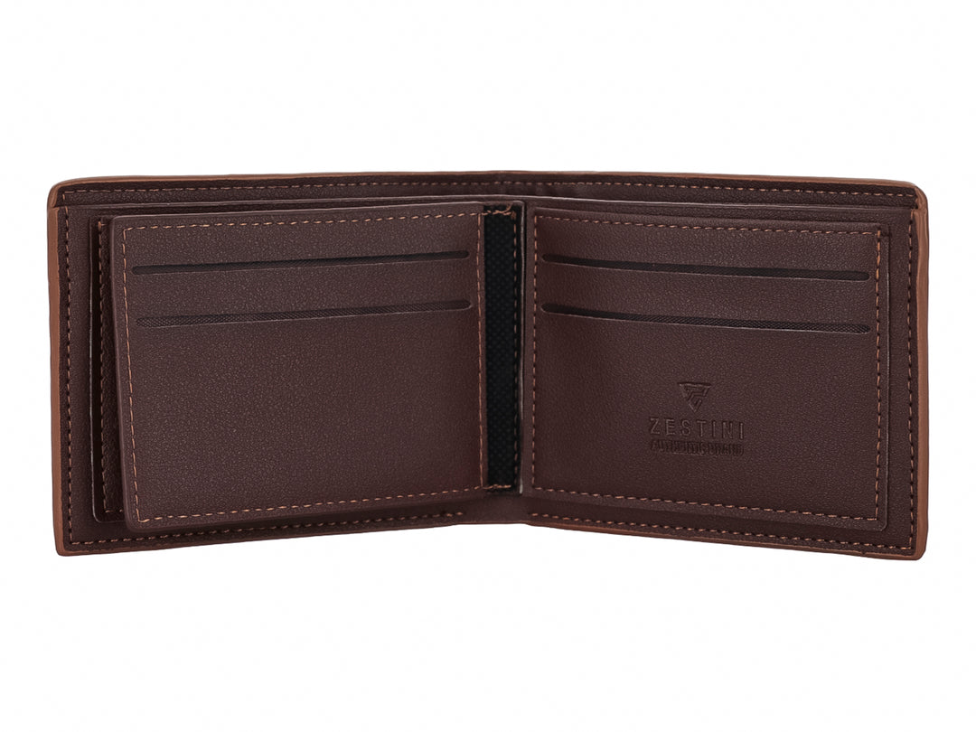 Cartera de cuero color marrón con diseño clásico y logo Zestini grabado en la parte inferior.