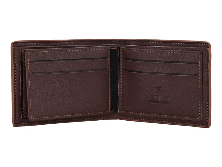 Cartera de cuero color marrón con diseño clásico y logo Zestini grabado en la parte inferior.