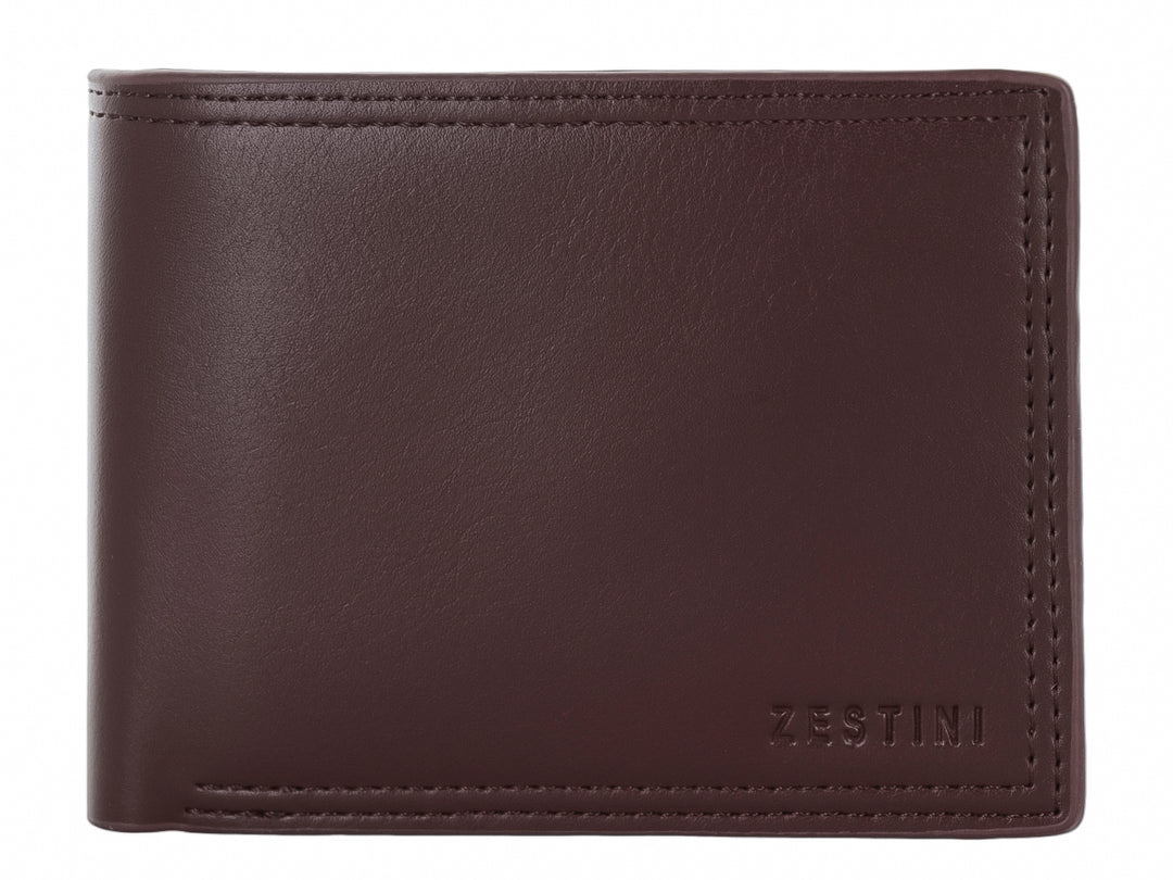 Cartera de cuero color marrón oscuro con diseño clásico y logo Zestini grabado en la parte inferior.