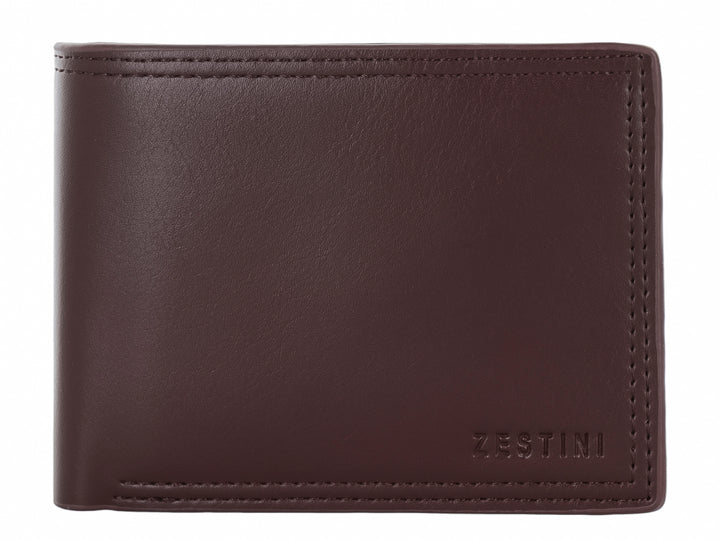 Cartera de cuero color marrón oscuro con diseño clásico y logo Zestini grabado en la parte inferior.