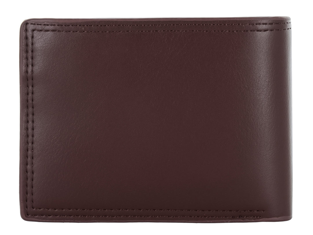 Cartera de cuero color marrón oscuro con diseño clásico y logo Zestini grabado en la parte inferior.