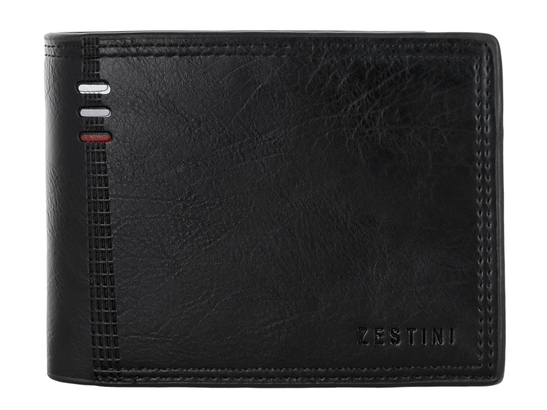 Billetera plegable color negro con textura de cuero y pequeño detalle rojo y plata en el lateral.