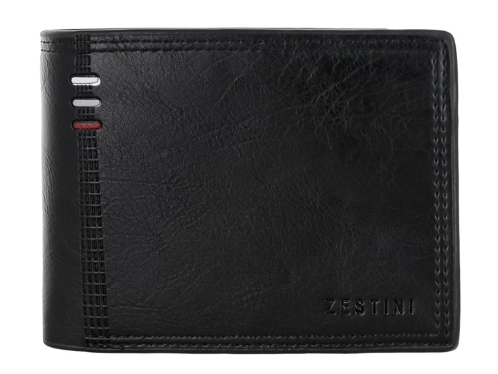 Billetera plegable color negro con textura de cuero y pequeño detalle rojo y plata en el lateral.