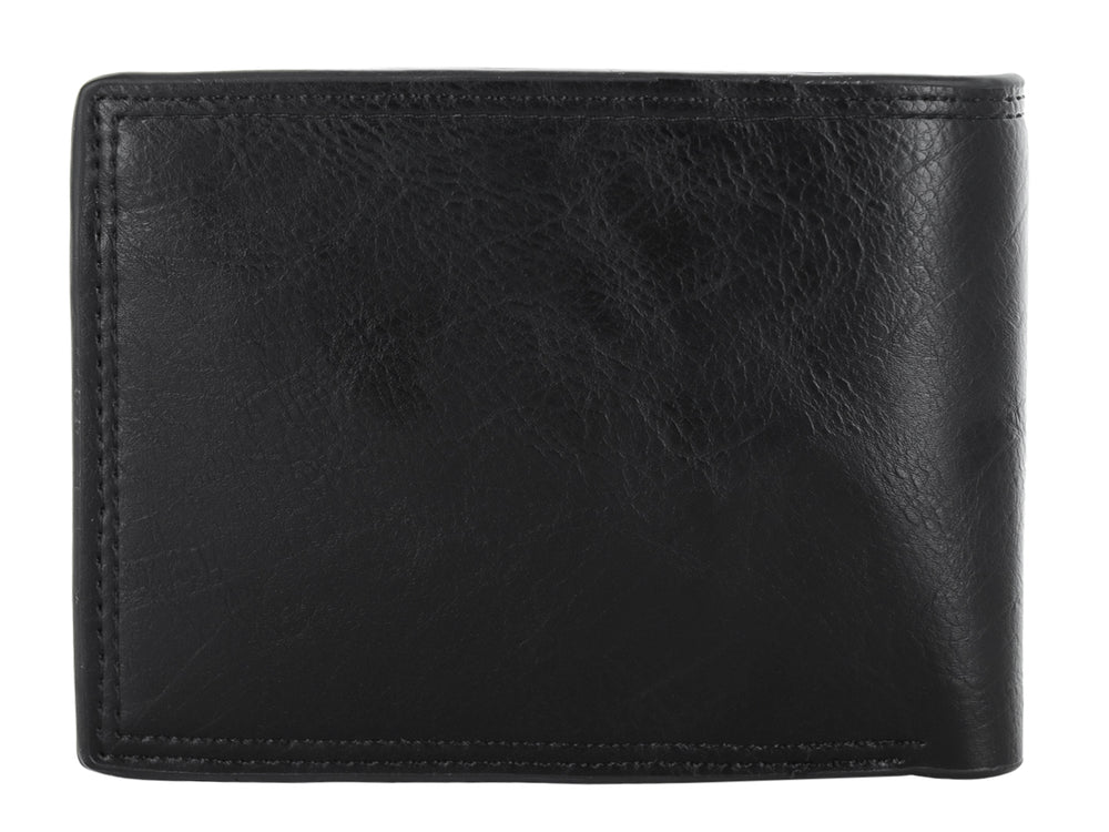 Billetera plegable color negro con textura de cuero y pequeño detalle rojo y plata en el lateral.
