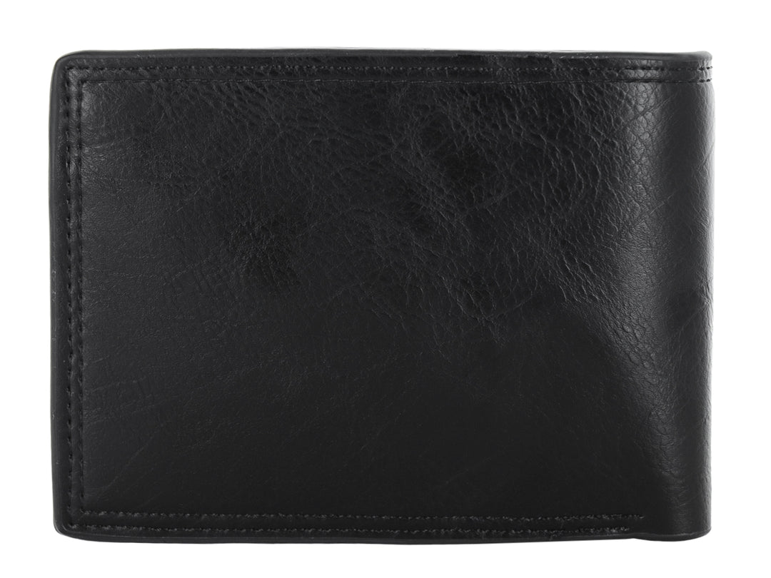 Billetera plegable color negro con textura de cuero y pequeño detalle rojo y plata en el lateral.