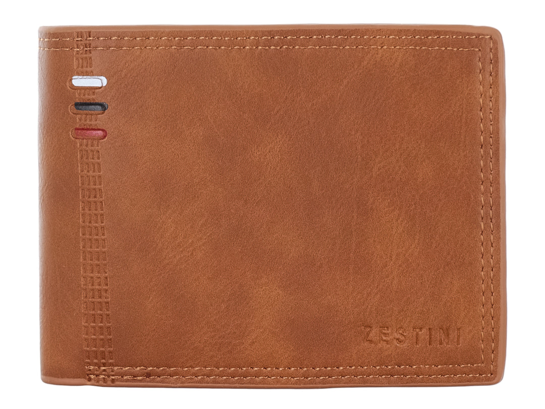 Cartera marrón de marca Felianna con detalles decorativos en blanco, gris y rojo en el lateral izquierdo.