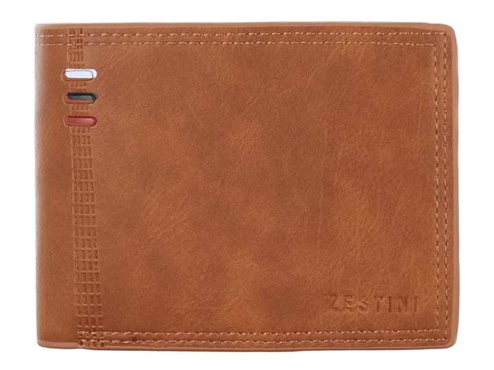 Cartera marrón de marca Felianna con detalles decorativos en blanco, gris y rojo en el lateral izquierdo.