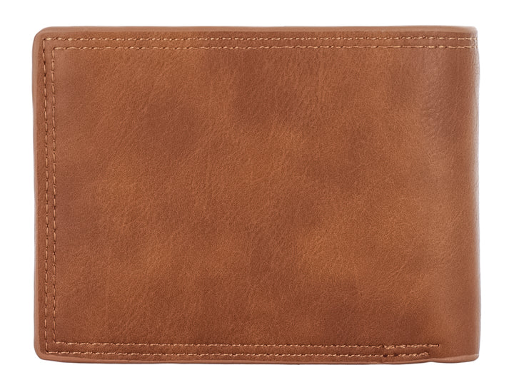 Cartera marrón de marca Felianna con detalles decorativos en blanco, gris y rojo en el lateral izquierdo.