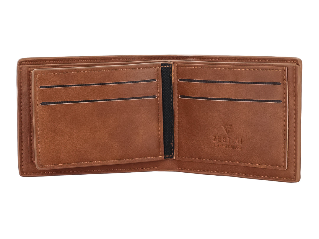 Cartera marrón de marca Felianna con detalles decorativos en blanco, gris y rojo en el lateral izquierdo.