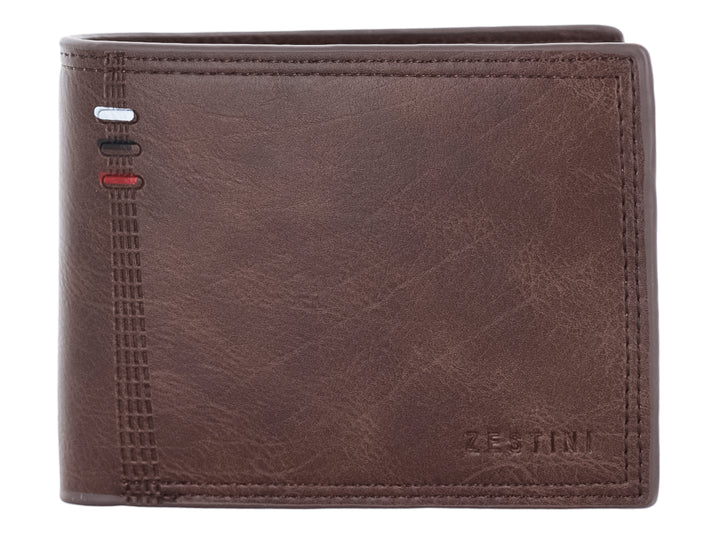 Cartera de cuero color marrón oscuro con detalles lineales en blanco y rojo y logo grabado Zestini.