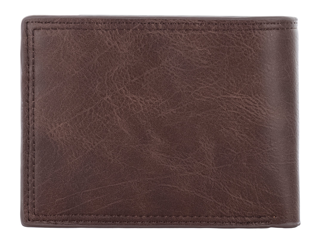 Cartera de cuero color marrón oscuro con detalles lineales en blanco y rojo y logo grabado Zestini.