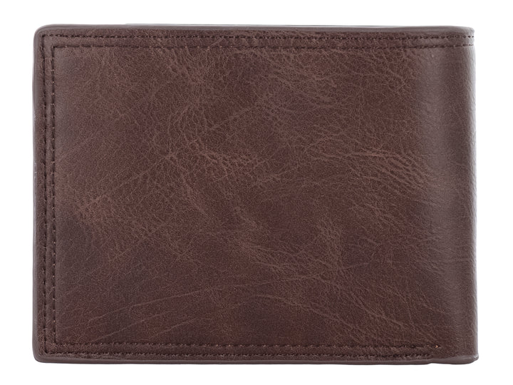 Cartera de cuero color marrón oscuro con detalles lineales en blanco y rojo y logo grabado Zestini.