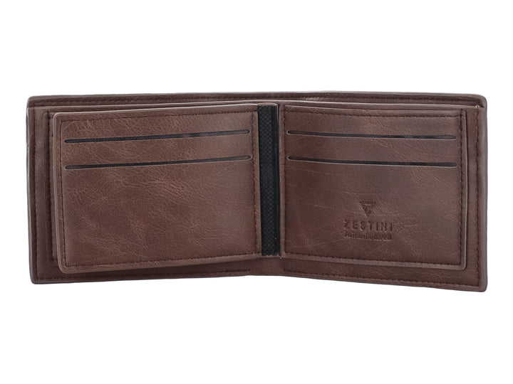 Cartera de cuero color marrón oscuro con detalles lineales en blanco y rojo y logo grabado Zestini.