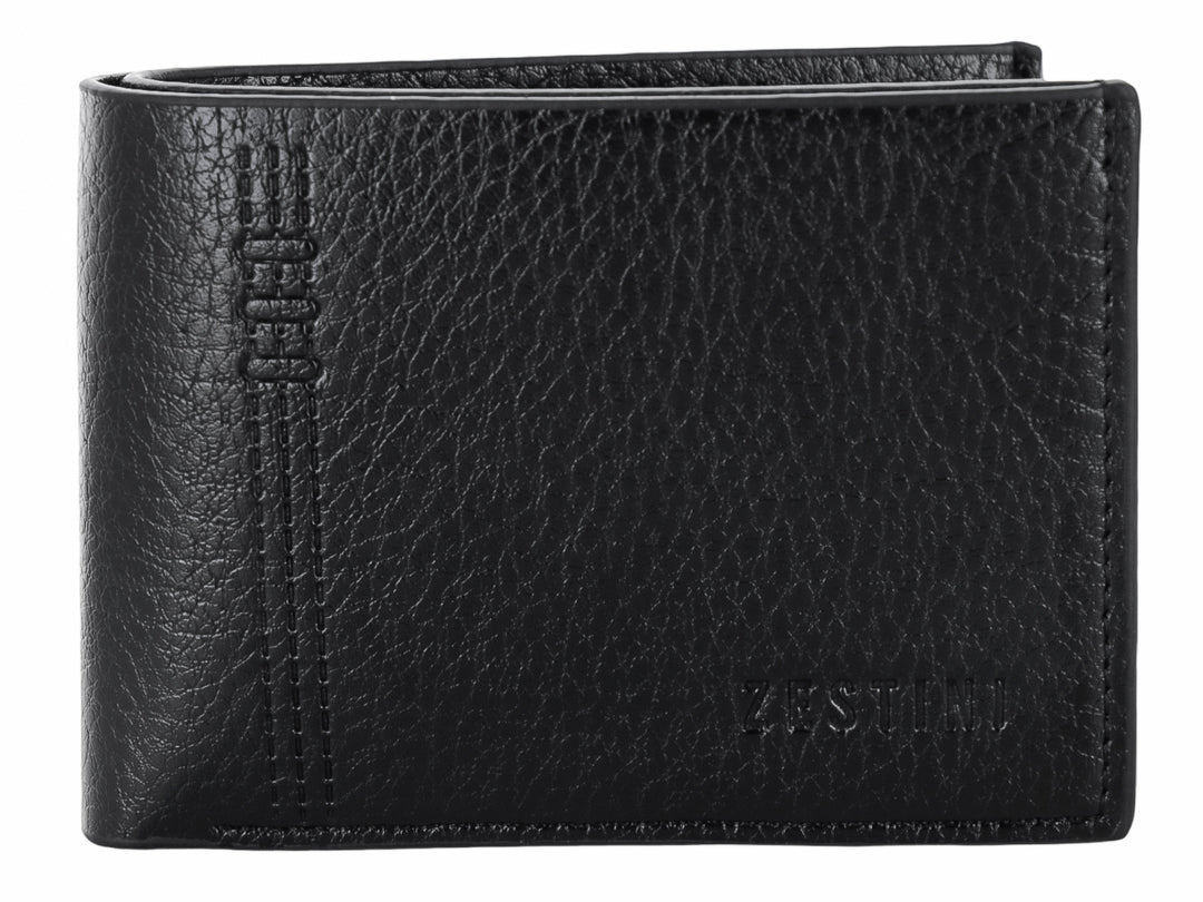 Cartera plegable de cuero color negro con textura rugosa y detalles de costura vertical.