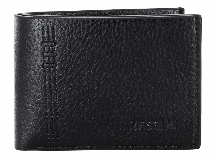 Cartera plegable de cuero color negro con textura rugosa y detalles de costura vertical.