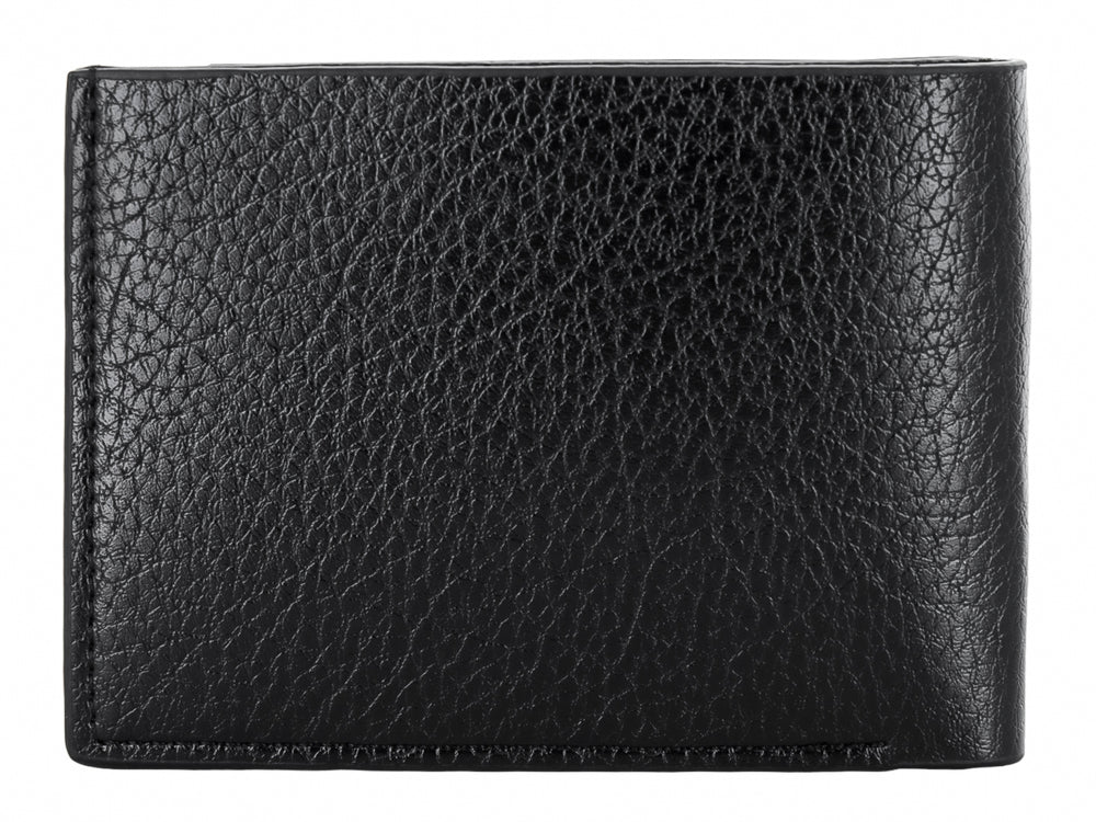 Cartera plegable de cuero color negro con textura rugosa y detalles de costura vertical.