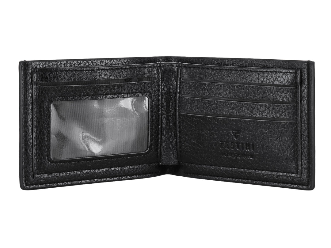 Cartera plegable de cuero color negro con textura rugosa y detalles de costura vertical.
