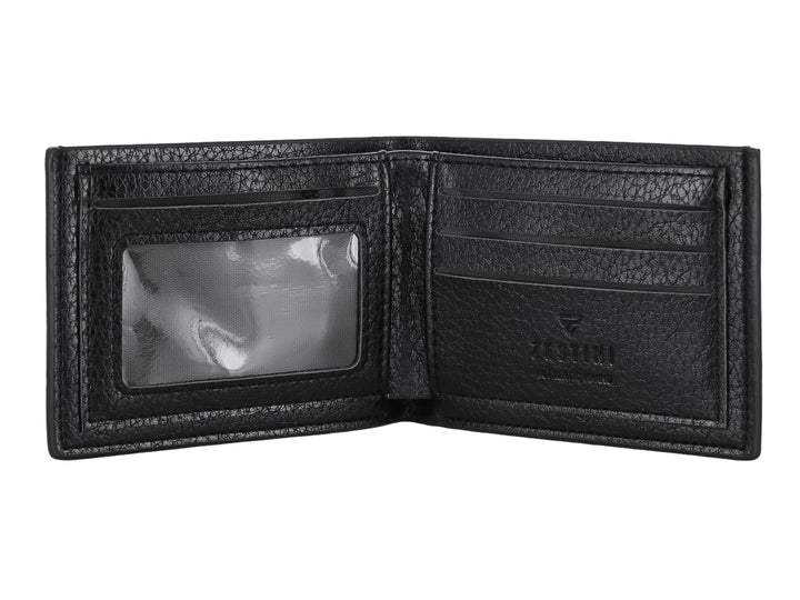 Cartera plegable de cuero color negro con textura rugosa y detalles de costura vertical.